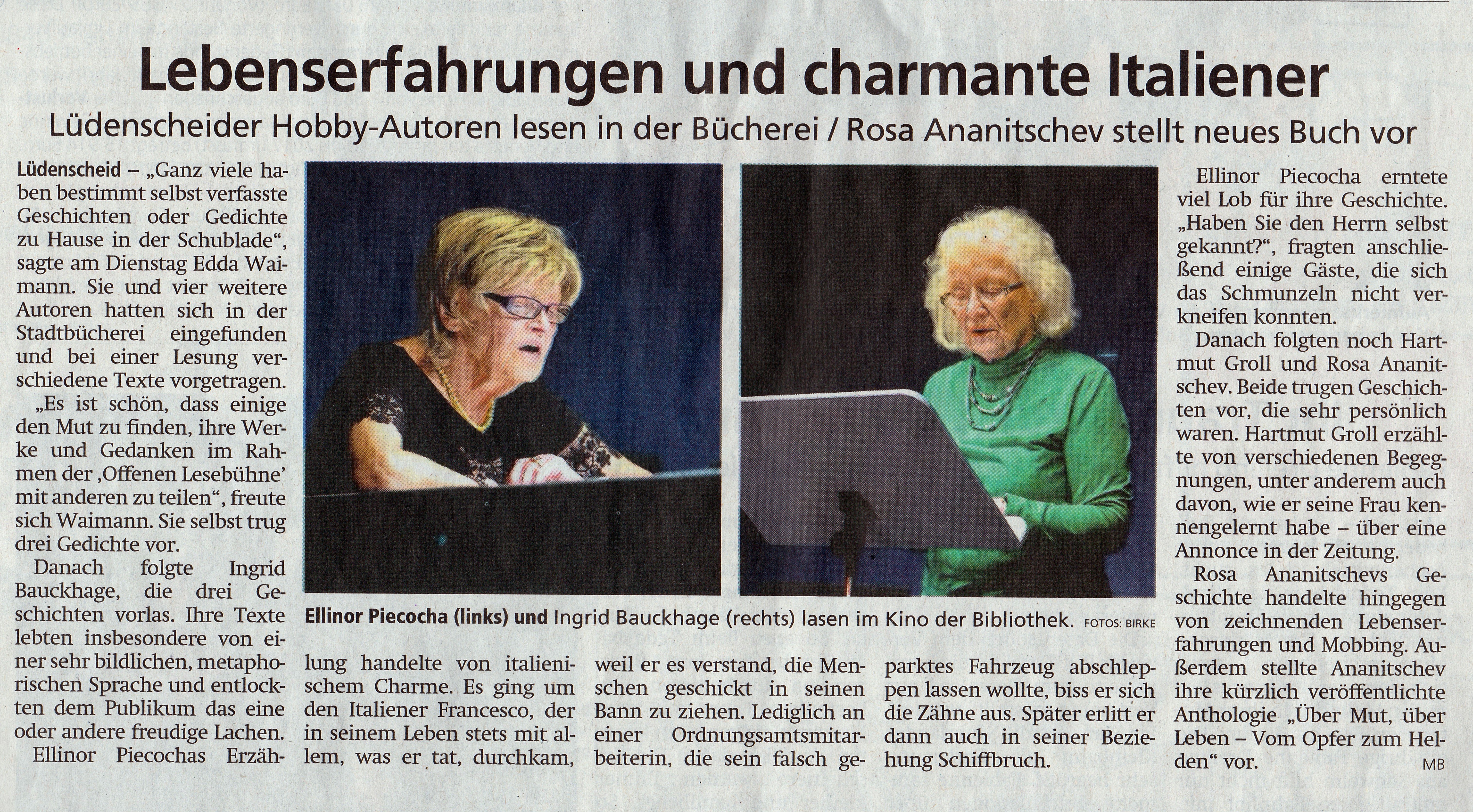 Artikel in "Lüdenscheider Nachrichten" über die "offene Lesebühne", vom 06.06.2019
